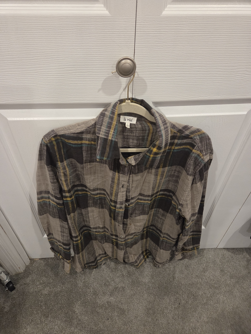 LA MIEL Taupe Plaid Button-Down Shirt with Yellow Accents